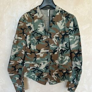 Free People Camouflage Button-Front Jacket in Green/Brown/Black